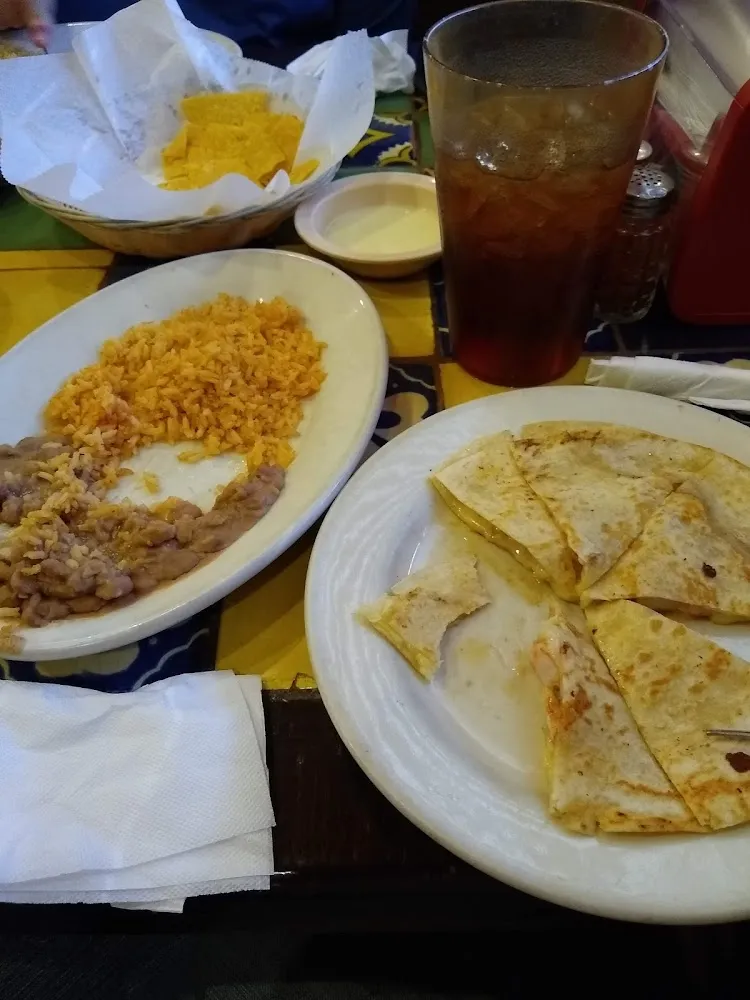 Shrimp Quesadilla with Rice and Beans Add Cheese Dip